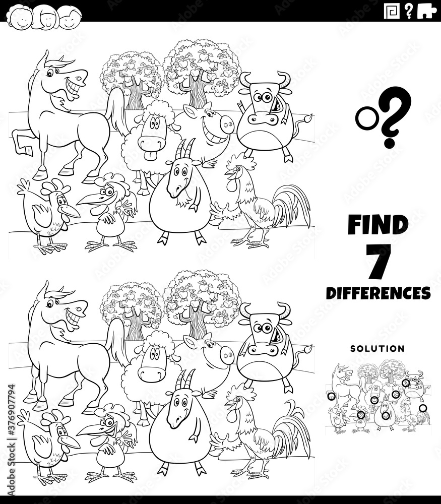 Fototapeta differences educational game with farm animals coloring book page