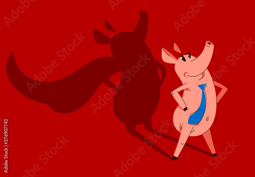 Funny cartoon businessman pig wearing a tie and stands confident like a superhero, business man swine humorous illustration, animal character drawing vector.