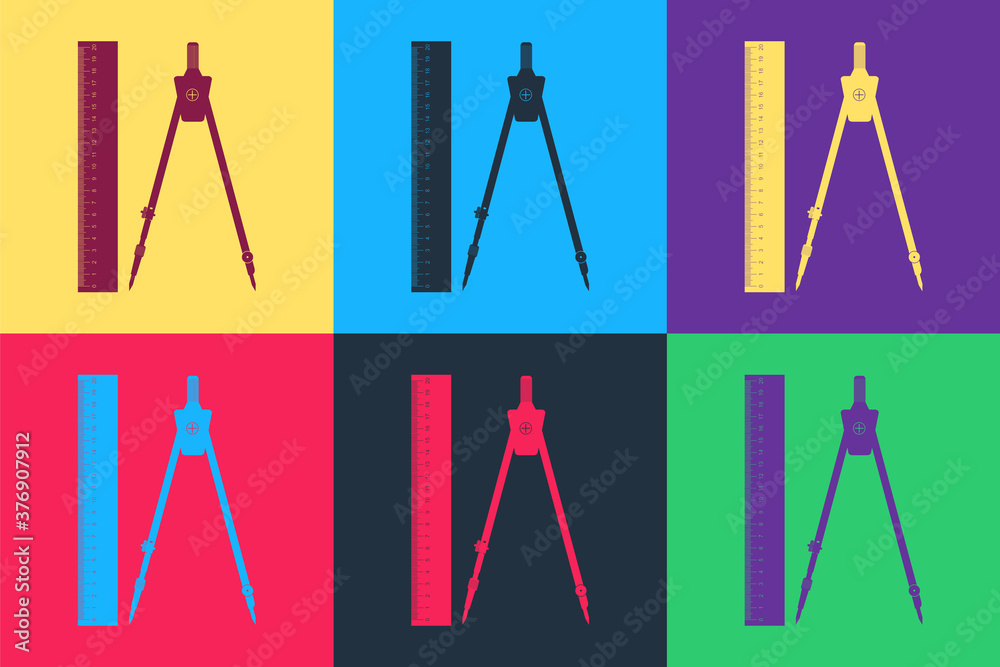 Pop art Ruler and drawing compass icon isolated on color background. Drawing professional instrument. Geometric equipment. Education sign. Vector. Pop art Ruler and drawing compass icon isolated on color background. Drawing professional instrument. Geometric equipment. Education sign. Vector.