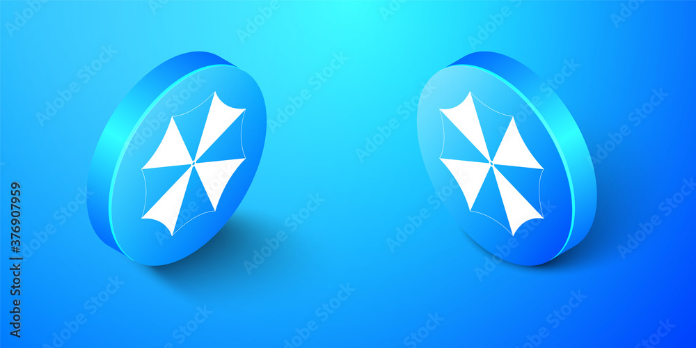 Isometric Sun protective umbrella fo beach icon isolated on blue background. Large parasol for outdoor space. Summer vacation or picnic accessory. Blue circle button. Vector. Isometric Sun protective umbrella fo beach icon isolated on blue background. Large parasol for outdoor space. Summer vacation or picnic accessory. Blue circle button. Vector.