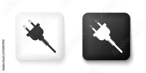 Black and white Electric plug icon isolated on white background. Concept of connection and disconnection of the electricity. Square button. Vector.
