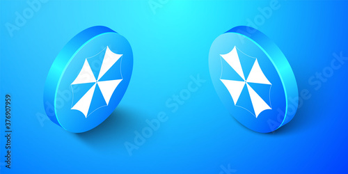 Isometric Sun protective umbrella fo beach icon isolated on blue background. Large parasol for outdoor space. Summer vacation or picnic accessory. Blue circle button. Vector.