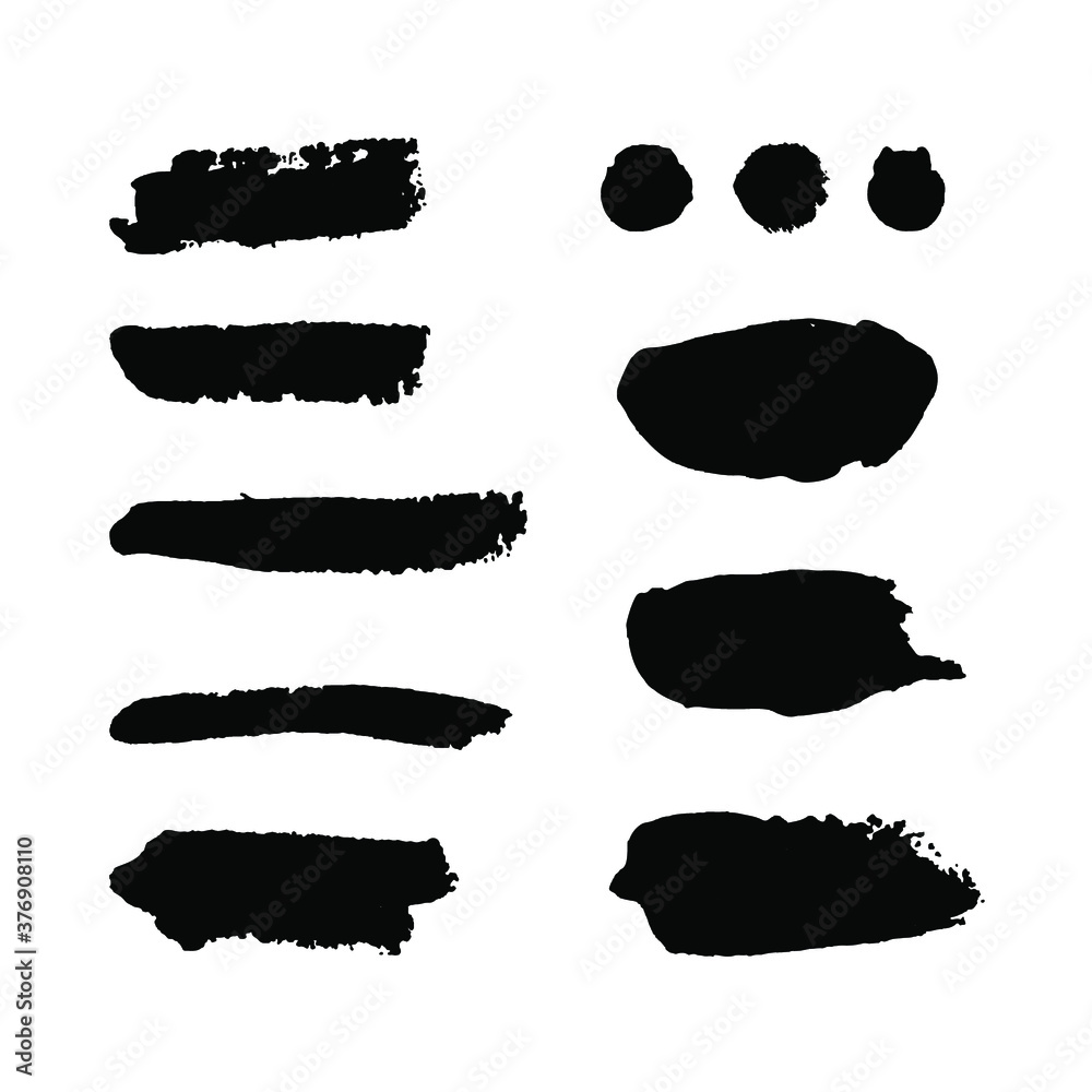 Vector black paint smear silhouettes, simple brush strokes isolated on white background, paint spots and lines.