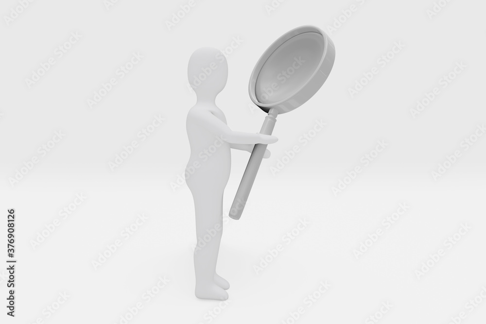 abstract human with big magnifier look for something, search concept, 3d render abstract human with big magnifier look for something, search concept, 3d render