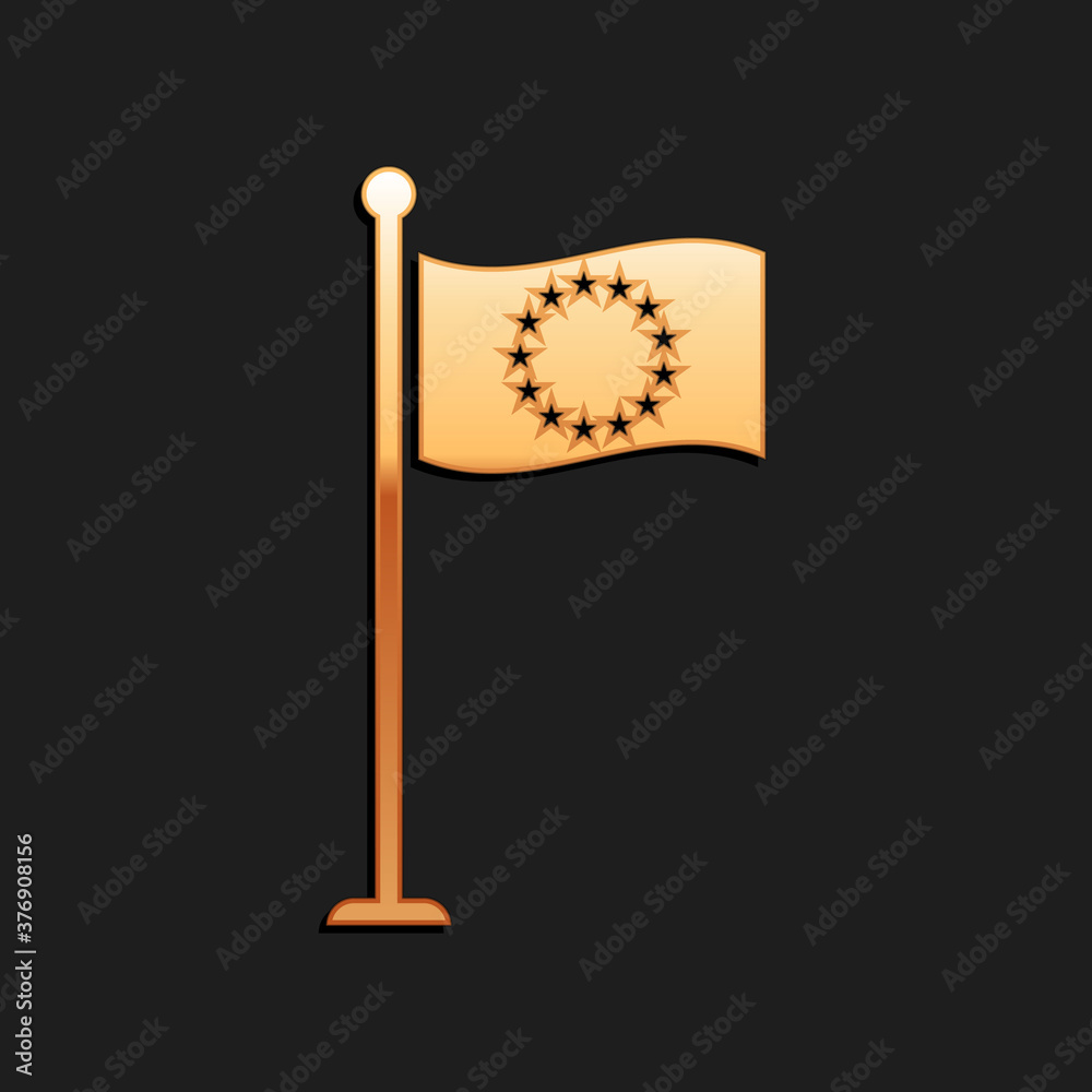 Gold Flag of European Union icon isolated on black background. EU circle symbol. Waving EU flag on a metallic pole. Long shadow style. Vector. Gold Flag of European Union icon isolated on black background. EU circle symbol. Waving EU flag on a metallic pole. Long shadow style. Vector.