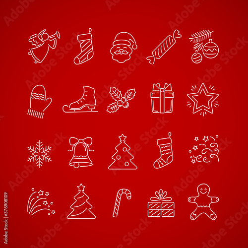 Set of Christmat icons: gift box, Christmas tree, Santa, angel, snowflake, stocking, candy-cane, firework, mitten, skate, holly, gingerbread man. Xmas, winter, New Year concept. Vector 10 EPS.