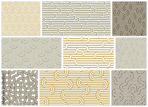 Seamless linear vector geometric minimalistic patterns set, abstract lines tiling backgrounds, stripy weaving, optical maze, twisted stripes.