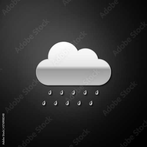 Silver Cloud with rain icon isolated on black background. Rain nimbus cloud precipitation with rain drops. Long shadow style. Vector.