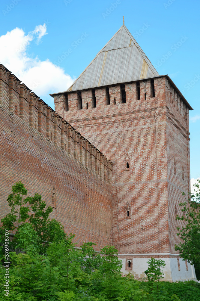 Wall and Pozdnyakova tower of the Kremlin (fortress). Smolensk city, Smolensk Oblast, Russia.