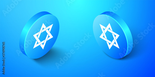 Isometric Star of David icon isolated on blue background. Jewish religion symbol. Blue circle button. Vector.