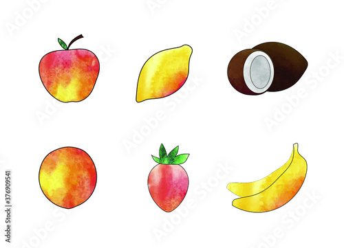 Vector fruits simple icons with watercolor textures isolated on white background.
