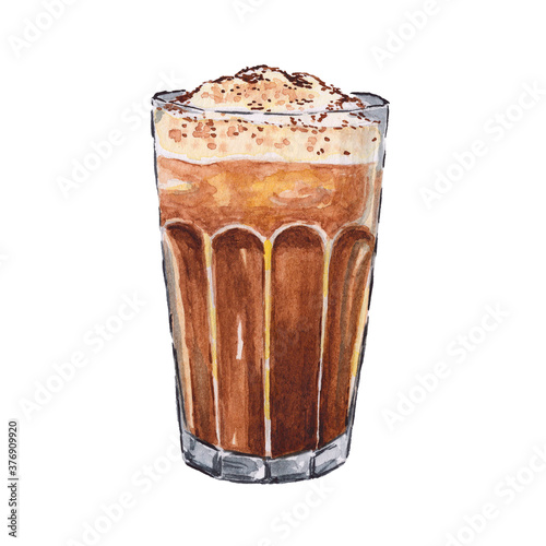 Coffee with foam in a glass cup painted by watercolor on a white background. Hot cappuccino with foam in watercolor style.