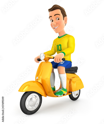 3d soccer player yellow jersey riding scooter