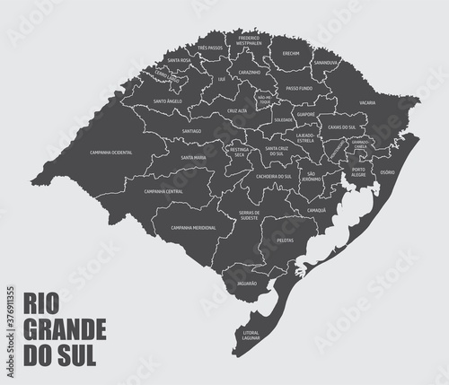 The Rio Grande do Sul State map divided in regions with labels, Brazil