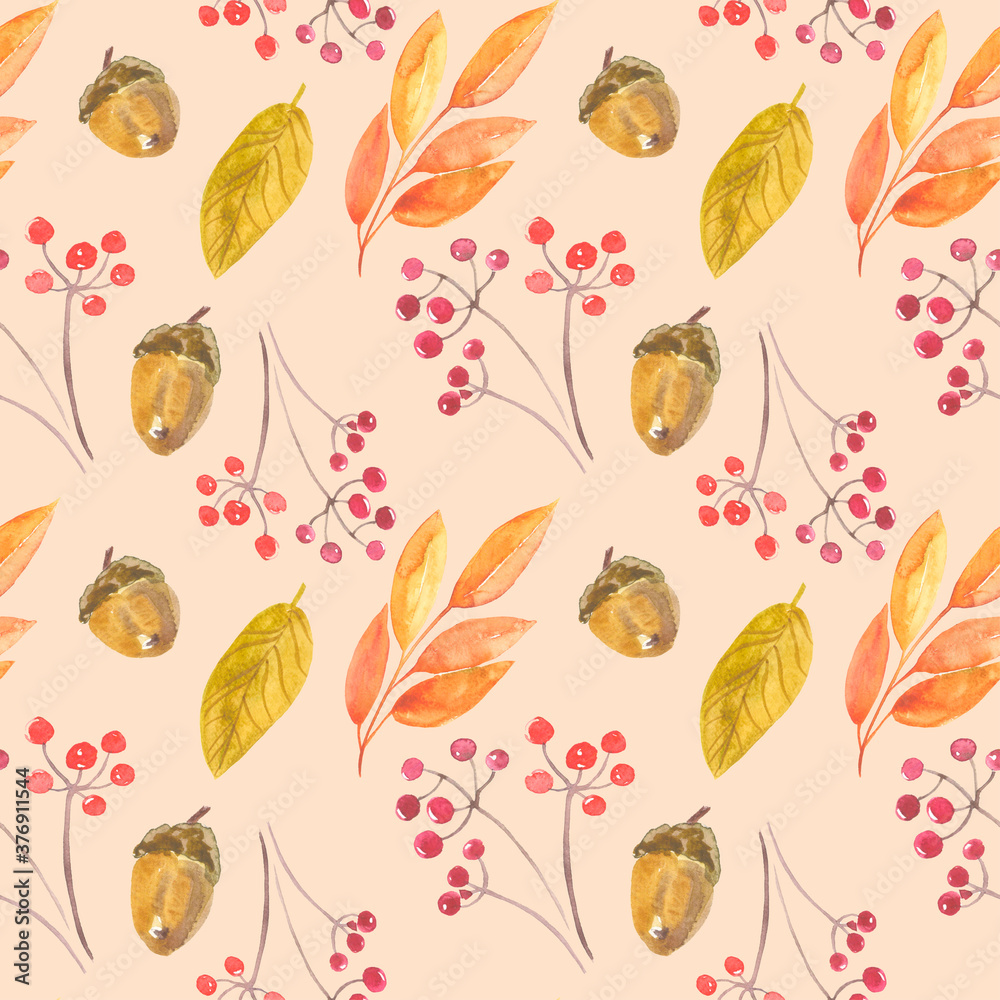 Watercolor autumn pattern. Hand-painted autumn leaves, rosehip berries, acorns and pumpkins, on a light background, perfect for textiles, packaging, cozy home decor Watercolor autumn pattern. Hand-painted autumn leaves, rosehip berries, acorns and pumpkins, on a light background, perfect for textiles, packaging, cozy home decor