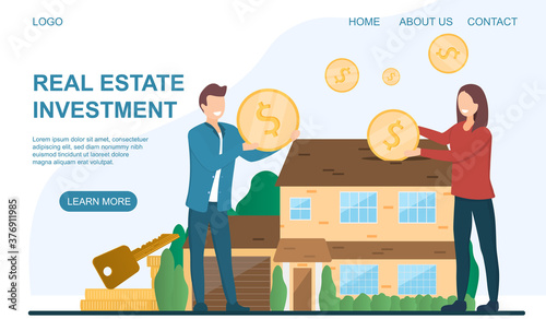 Investment in residential real estate concept. Happy man and woman stand with gold coins in their hands on the background of a new house.