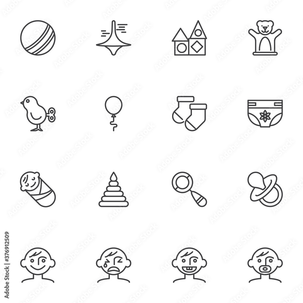 Baby related line icons set, outline vector symbol collection, linear style pictogram pack. Signs, logo illustration. Set includes icons as newborn baby toys, clothes, diaper, pacifier, rattle