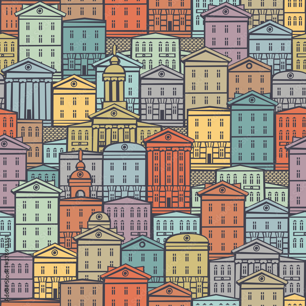 Decorative seamless pattern with old houses in retro style. European town with colorful cartoon buildings. Vector cityscape background, suitable for wallpaper, wrapping paper, textile, fabric