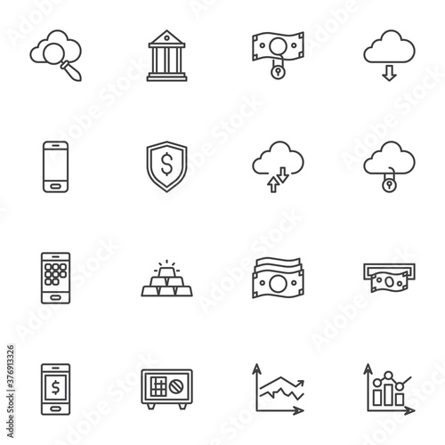 Banking, finance line icons set, outline vector symbol collection, linear style pictogram pack. Signs, logo illustration. Set includes icons as dollar money bill, mobile bank, gold bars, deposit box