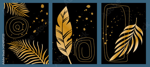 Set of trendy creative black abstract templates. Hand drawn plant elements, splashes and scribbles of various shapes in golden color. Modern vector backgrounds for social media posts, mobile and web
