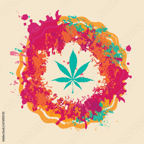 Banner on the theme of legal or illegal marijuana. Vector illustration with hemp leaf on abstract background in form of bright spots and splashes. Natural product made from organic hemp. Smoking weed