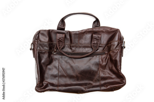 Used vintage leather bag, suitcase briefcase isolated on white