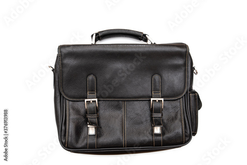 Used vintage leather bag, suitcase briefcase isolated on white