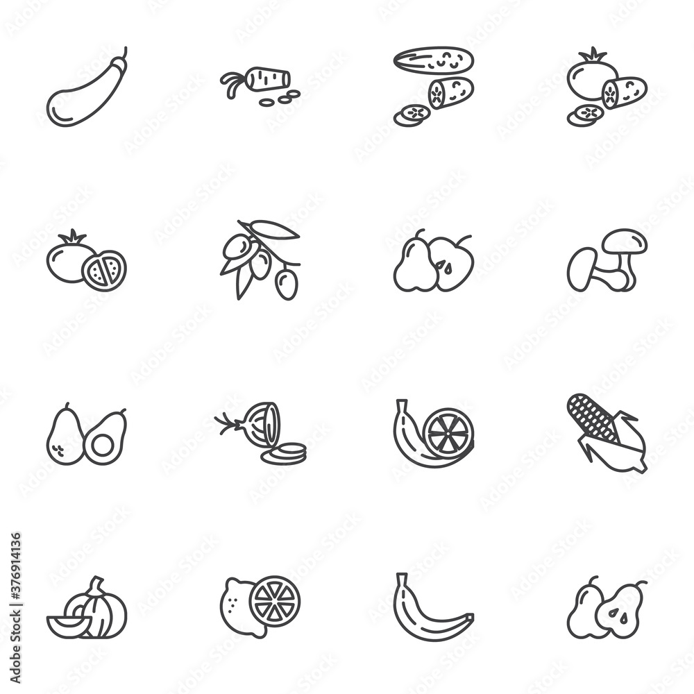 Fruit and vegetable line icons set, healthy food outline vector symbol collection, linear style pictogram pack. Signs, logo illustration. Set includes icons as apple, banana, mushroom, olive, tomato Fruit and vegetable line icons set, healthy food outline vector symbol collection, linear style pictogram pack. Signs, logo illustration. Set includes icons as apple, banana, mushroom, olive, tomato