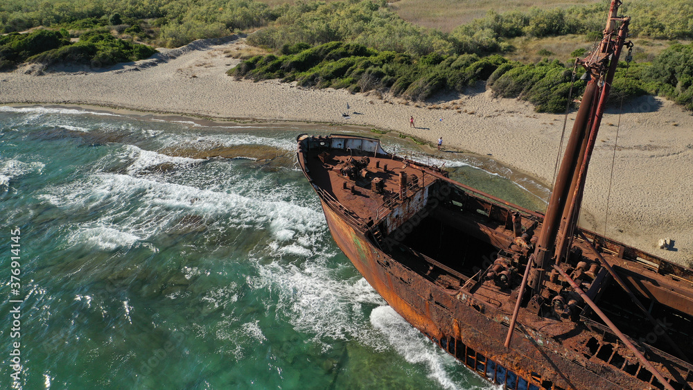 Aerial drone photo of famous shipwreck of Agios Dimitrios abandoned in Selinitsa bay near Gythion village, Peloponnese, Greece
