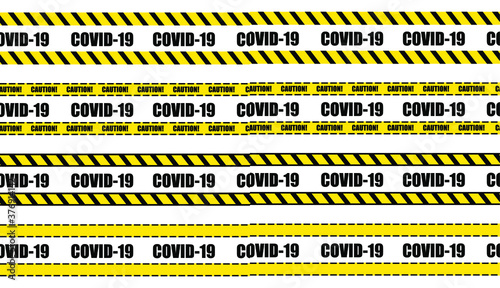 Vector covid-19 precaution seamless tapes, yellow and black color, dangerous sign, coronavirous outbreak concept.
