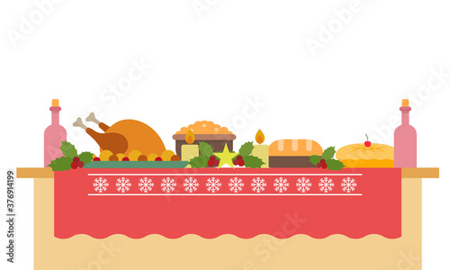 Illustration of a big banquet table with drinks and eating. Festive holiday dinner. Christmas and New year table. Flat style illustration.