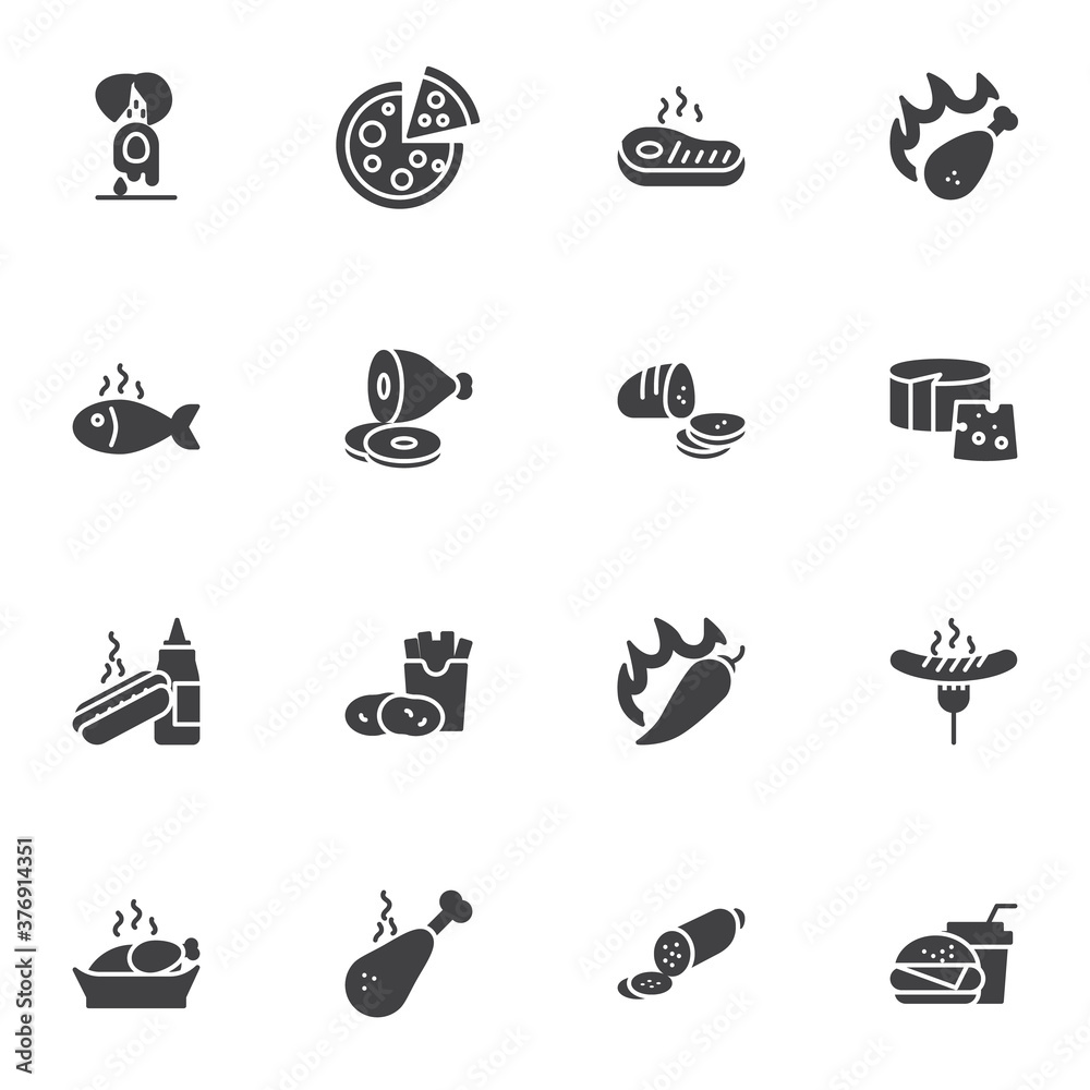 Junk food vector icons set, modern solid symbol collection, filled style pictogram pack. Signs, logo illustration. Set includes icons as pizza, burger, french fries, frying sausage, hot dog, soda Junk food vector icons set, modern solid symbol collection, filled style pictogram pack. Signs, logo illustration. Set includes icons as pizza, burger, french fries, frying sausage, hot dog, soda