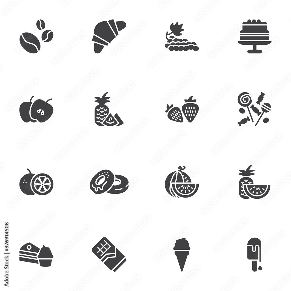 Dessert food vector icons set, modern solid symbol collection, filled style pictogram pack. Signs, logo illustration. Set includes icons as sweets, candies, grapes fruit, apple, ice cream, cake, donut