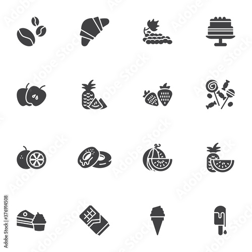 Dessert food vector icons set  modern solid symbol collection  filled style pictogram pack. Signs  logo illustration. Set includes icons as sweets  candies  grapes fruit  apple  ice cream  cake  donut