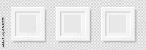 Realistic photo frame template. Set of white square photo frames on a plane with a shadow. Vector elements isolated on transparent background.