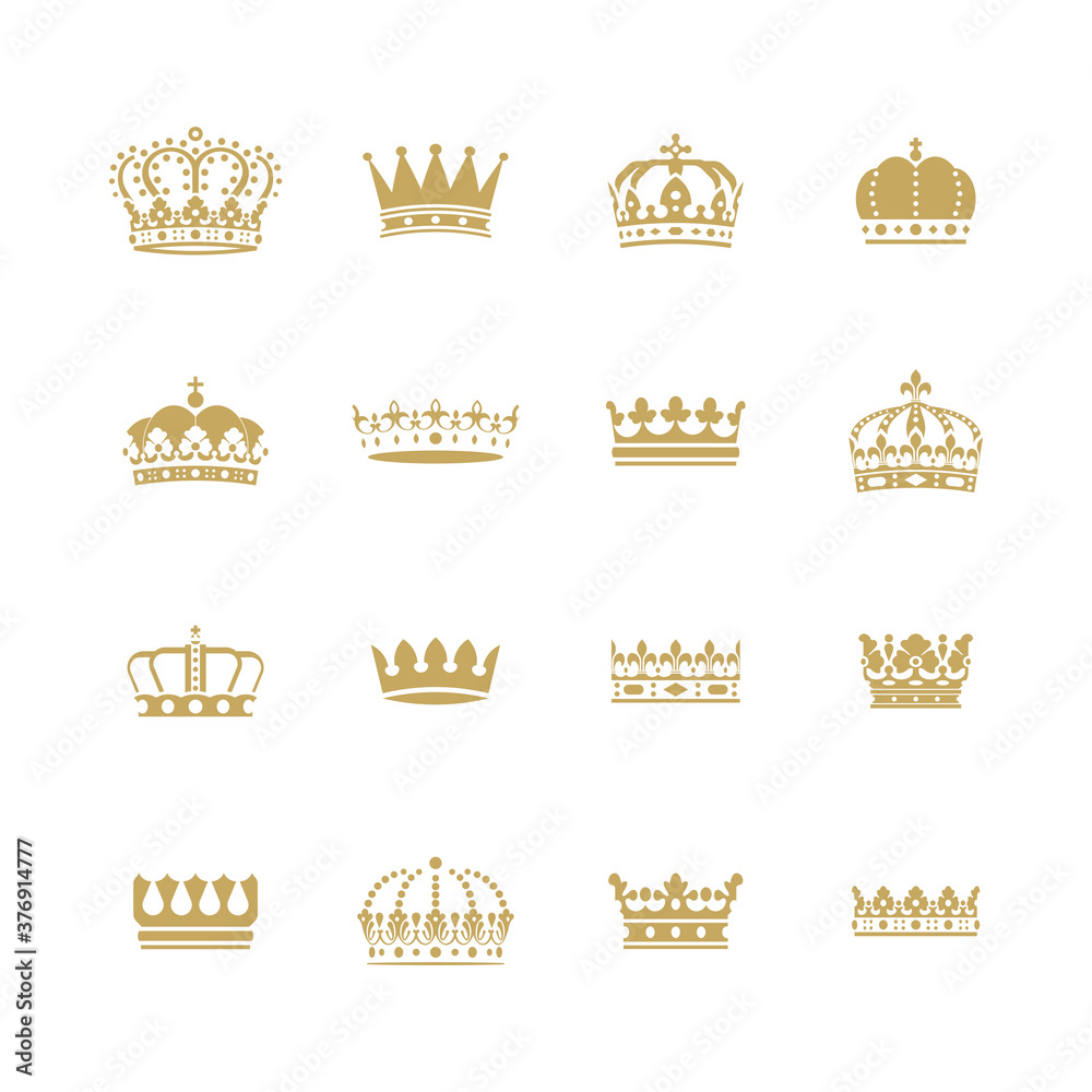 Collection of golden crown icons. Heraldic vector elements.