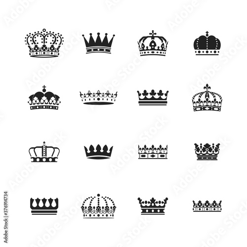 Collection of black crown icons. Heraldic vector elements.