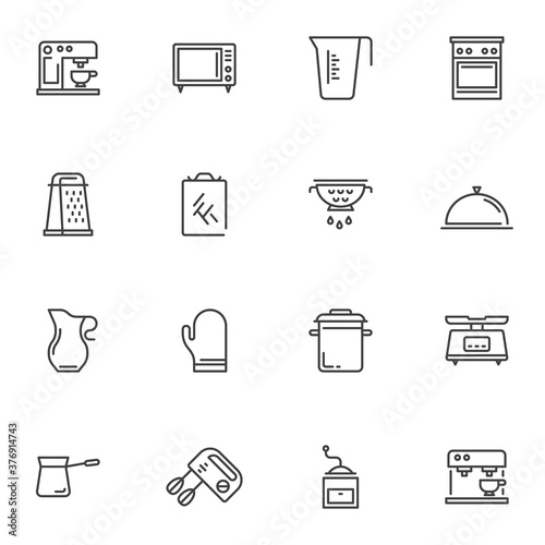 Kitchenware line icons set, kitchen utensils outline vector symbol collection, linear style pictogram pack. Signs, logo illustration. Set includes icons as coffee machine, microwave oven, gas stove