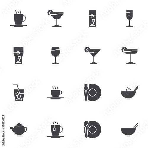 Glassware vector icons set, modern solid symbol collection, kitchen utensils filled style pictogram pack. Signs, logo illustration. Set includes icons as cocktail glass, wine glass, plate and cutlery