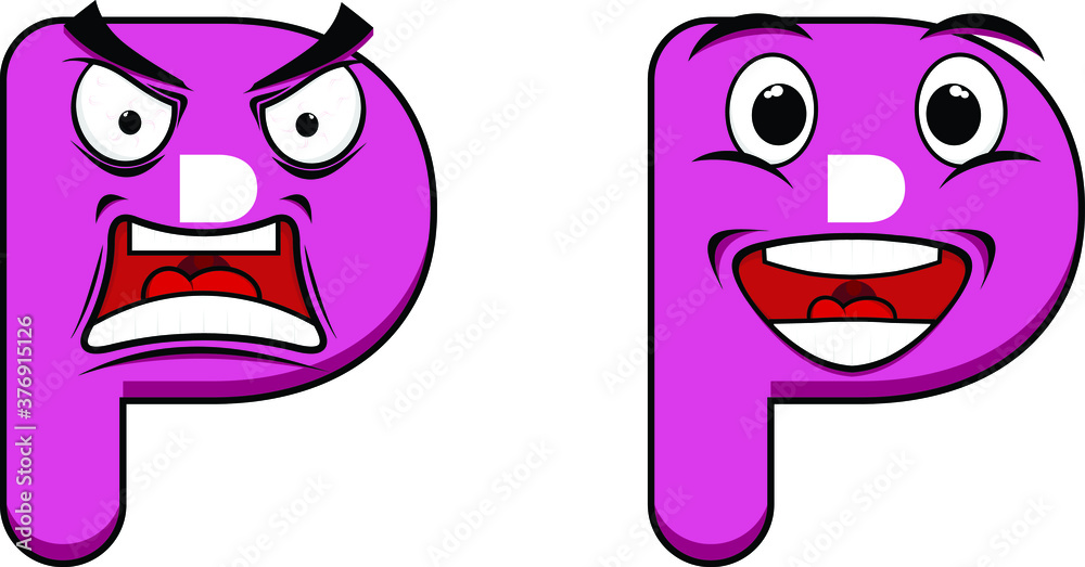 Letter P with Angry and Happy character set flat