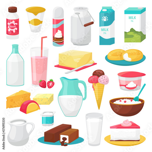 Milk and diary products food isolated on white vector illustrations set. Healthy cheese, milk bottles, ice cream, yohurt. Milky cream, milkshake, chese cake for breakfast, organic natural butter.