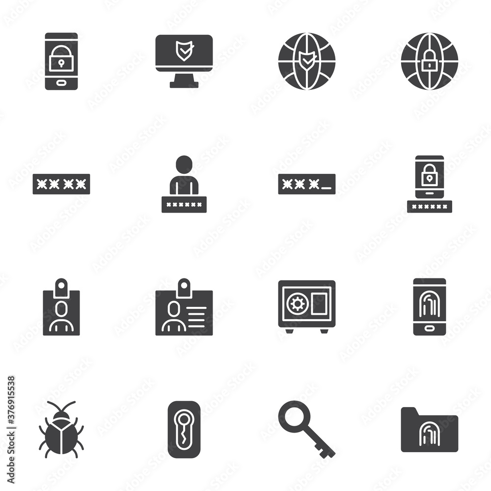 Protection and security vector icons set, modern solid symbol collection, filled style pictogram pack. Signs, logo illustration. Set includes icons as cyber security, password code, fingerprint scan Protection and security vector icons set, modern solid symbol collection, filled style pictogram pack. Signs, logo illustration. Set includes icons as cyber security, password code, fingerprint scan