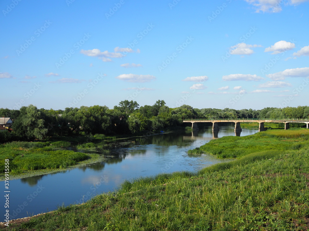Beautiful summer landscape with a view of an old vintage bridge over a small river