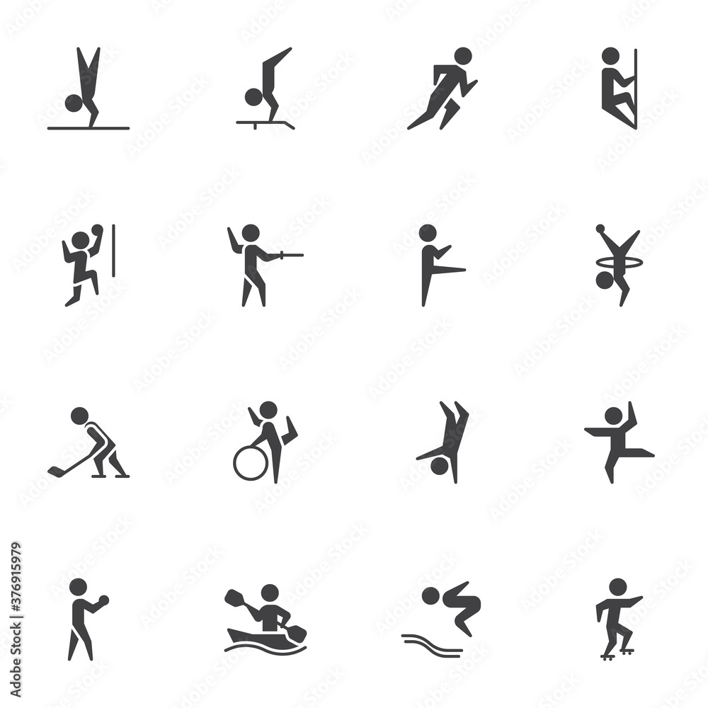 Olympic sport vector icons set, modern solid symbol collection, filled style pictogram pack. Signs, logo illustration. Set includes icons as fencing sport, volleyball, hockey, gymnastics, athletics