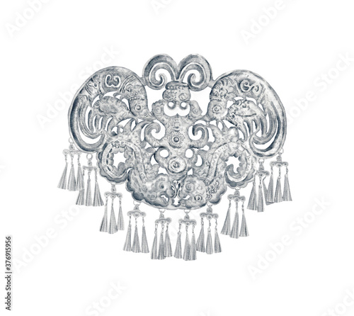 Watercolor Illustration of Chinese Miao traditional silver jewelry, isolated on white background. | 苗族银饰
 photo