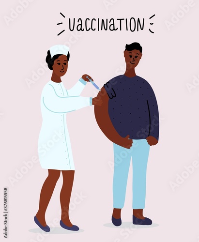 African black nurse vaccinates man. Routine vaccination. Protection against flu, coronavirus. Syringe, uniform. cartoon vector illustration isolated on white background.