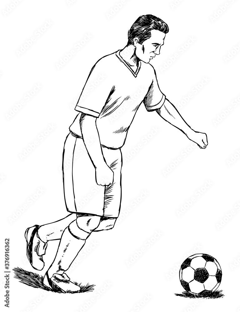Fototapeta premium Hand drawn illustration of a football player who shooting a ball.