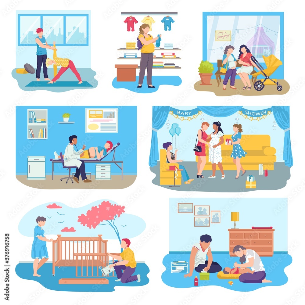 Pregnancy and maternity scenes set of vector illustrations. Pregnant woman future mother, visiting physician, caring with man for infant newborn baby. Pregnancy, childbirth, motherhood. Pregnancy and maternity scenes set of vector illustrations. Pregnant woman future mother, visiting physician, caring with man for infant newborn baby. Pregnancy, childbirth, motherhood.