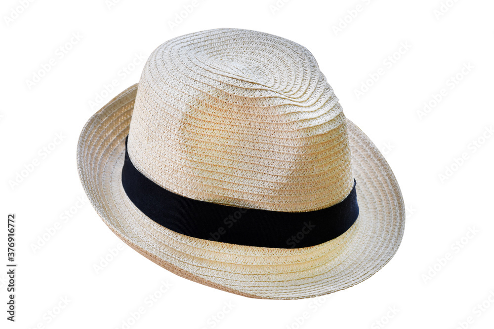 White fashion hat made of natural materials on white background.