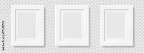 Realistic photo frame template. Set of white rectangular photo frames on a plane with a shadow. Vector elements isolated on transparent background.